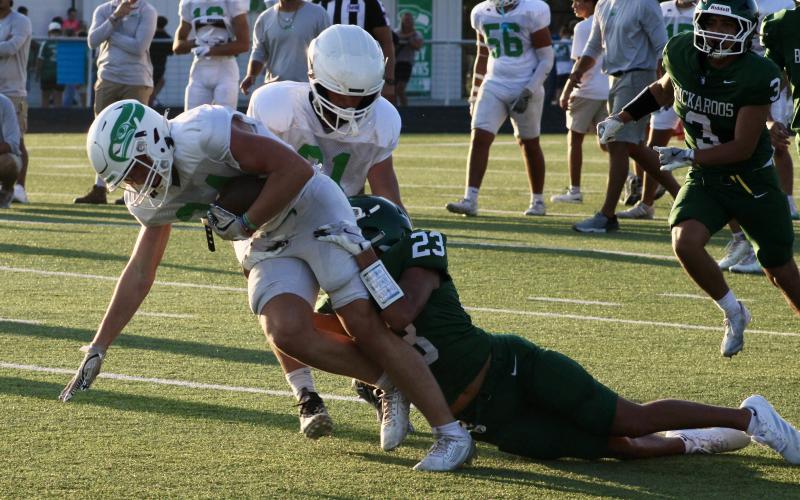 (Photo/Alex Kielar) Junior defensive back Zachary Beltran pulls down a Wall ball carrier for a tackle for loss during the Bucks’ final scrimmage at Wall High School, Thursday, Aug. 21. 