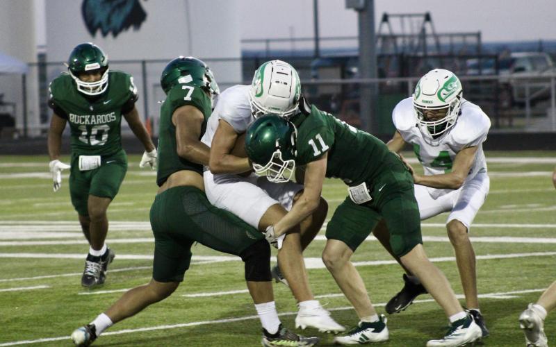 (Photo/Alex Kielar) Joseph Juneau (7) and Hunter Davis (11) gang tackle the Wall ball carrier behind the line of scrimmage for a tackle for loss Thursday, Aug. 21 during the Bucks’ scrimmage at Wall. 