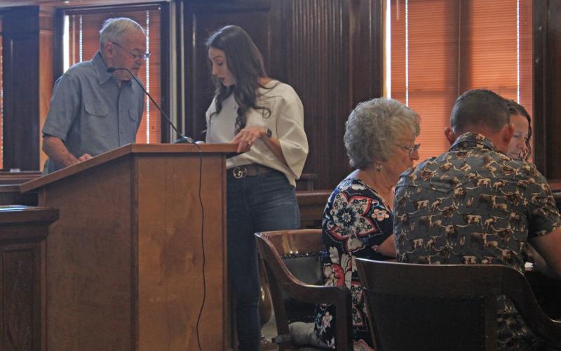 (Photo/Alex Kielar) Stephens County Veterans Director Les Strickland goes over the list of veteran names, with Commissioners Court Clerk Cecelia Gonzales, which he received from the Veterans Administration (VA) for veterans who died in 2024 and have not been added to the monument yet. 