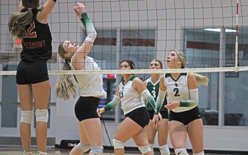 (Photo/Alex Kielar) Preslie Malcuit hits the ball over the net during the Lady Bucks’ match against Aspermont to open pool play of the Albany Tournament Thursday, Aug. 28. The Lady Bucks went 1-1 in pool play and advanced to the gold bracket, taking place Saturday, Aug. 30. 