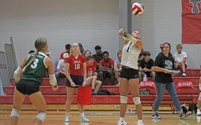 (Photo/Alex Kielar) Ava Russel with a wrist hit during the Lady Bucks’ match against Jim Ned JV during pool play of the Albany Tournament Thursday, Aug. 28. Bracket play takes place Saturday, Aug. 30 in which the Lady Bucks will play in the gold bracket. 
