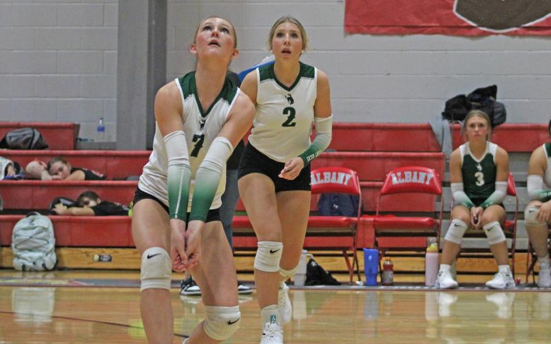 (Photo/Alex Kielar) Kamden Tidwell watches the ball come down and is ready to bump it to set it up for a spike as the Lady Bucks take on Jim Ned JV during pool play of the Albany Tournament Thursday, Aug. 28. 