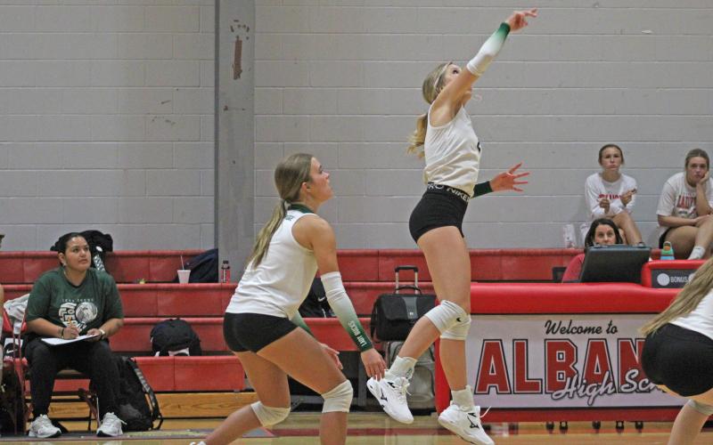 (Photo/Alex Kielar) Lane Bartoskewitz hits the ball over the net to the Jim Ned JV team in the Lady Bucks’ second match of pool play in the Albany Tournament Thursday, Aug. 28. 