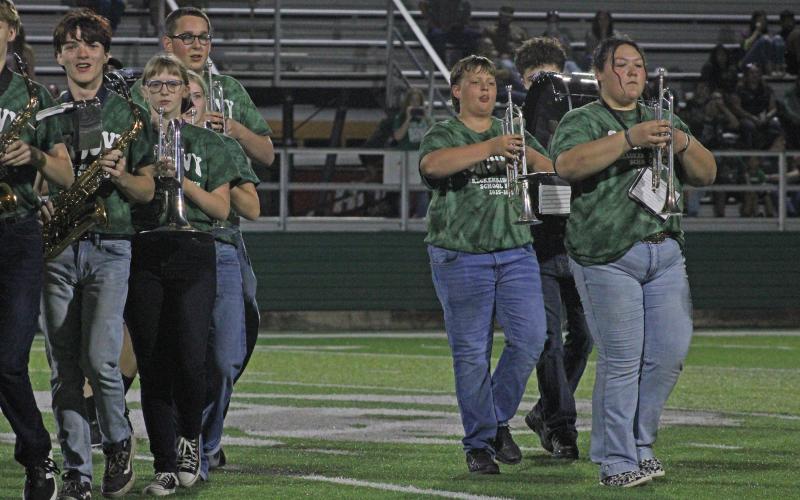 (Photo/Alex Kielar) Rylee Fuller, right, marches out with the rest of the Pride of Breckenridge High School Band Friday, Aug. 29 as the first halftime show of the year commences. Fuller was selected to represent Breckenridge FFA at the National FFA Convention & Expo in Indianapolis, where she will perform on trumpet. 