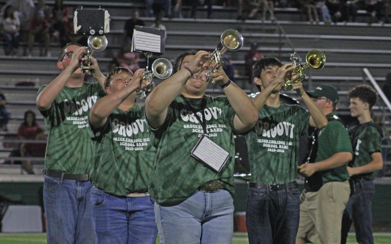 (Photo/Alex Kielar) Rylee Fuller, middle, playing the trumpet during the Pride of Breckenridge High School Band’s halftime show of the opening game for the Buckaroos Friday, Aug. 29. Fuller recently qualified to represent Breckenridge FFA in the National FFA Band at the 98th National FFA Convention & Expo in Indianapolis. 