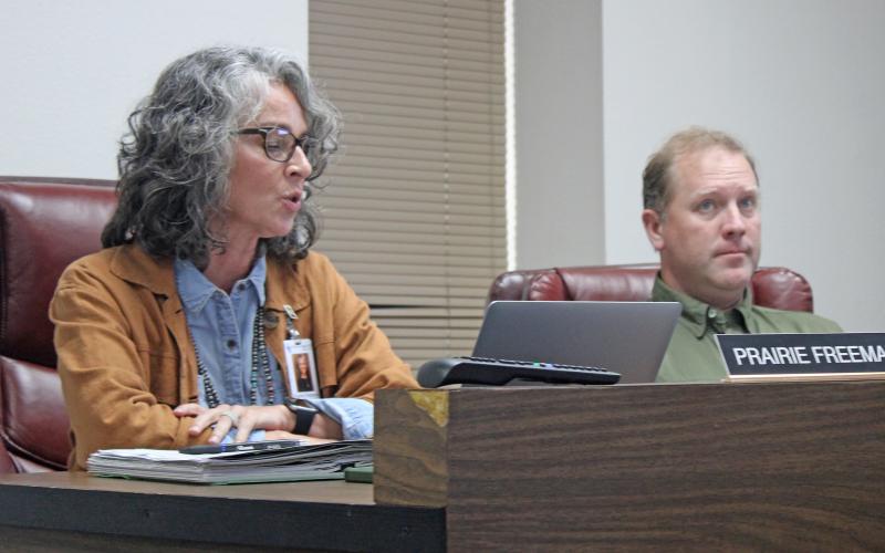 (Photo/Alex Kielar) BISD Superintendent Prairie Freeman speaks during the Monday, Sept. 8 school board meeting while School Board President Nic McClymond looks on. The school board approved the construction of a new concession stand at Buckaroo Stadium at the meeting. 