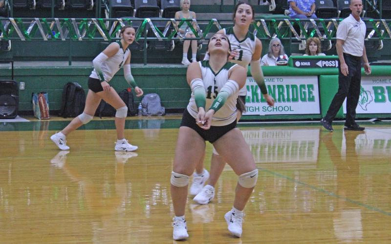 (Photo/Alex Kielar) Analia Palacios bumps the ball during the Lady Bucks’ opening set against Comanche in their district opener Tuesday, Sept. 9. 