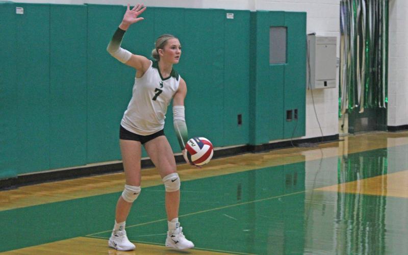 (Photo/Alex Kielar) Kamden Tidwell goes up for a spike in the Lady Bucks’ district opener at home Tuesday, Sept. 9 in which they fell to the Comanche Maidens in three straight sets.