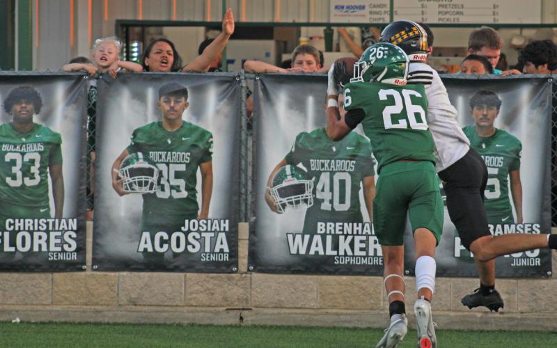 (Photo/Alex Kielar) Canyon Shirley breaks up a pass in the back right corner of the end zone on fourth down as the Bucks came up with a big stop late in the first half to hold the score at 6-0 going into the locker room, Friday, Sept. 12 against Cisco. 