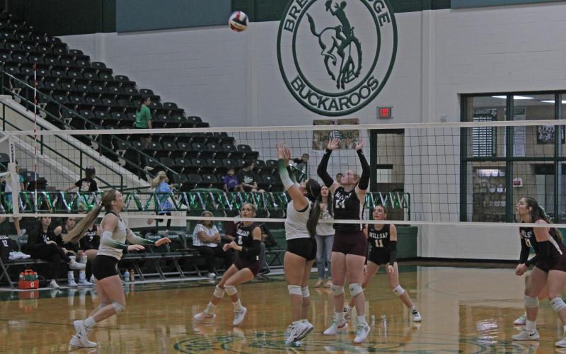 (Photo/Alex Kielar) The Lady Bucks get to work in their first set of their three-set win over Millsap at home Friday, Sept. 26.