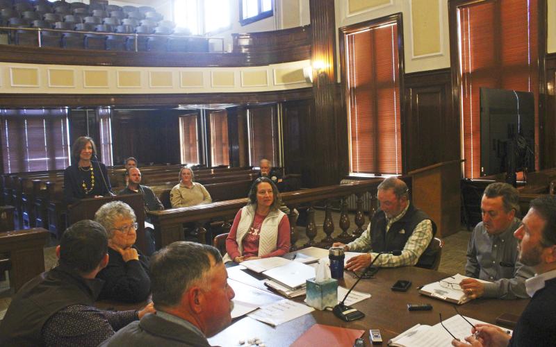 (Photo/Alex Kielar) Texas PACE Authority President Charlen Heydinger speaks to the Stephens County Commissioners Court during a public hearing regarding the implementation of a PACE program Monday morning, Nov. 10. 