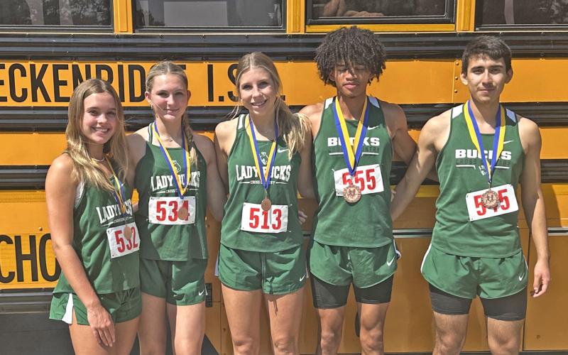 (Contributed Photo) The Breckenridge runners that earned medals for placing in the top 10 of the Lipan Indian 18th Annual Invitational held Wednesday, Sept. 10. From left to right is Ava Russell (JV, 10th), Kamden Tidwell (JV, 7), Lane Bartoskewitz (JV, 3), Andrew White (Varsity, 5) and Gabriel Garcia (Varsity, 7). 