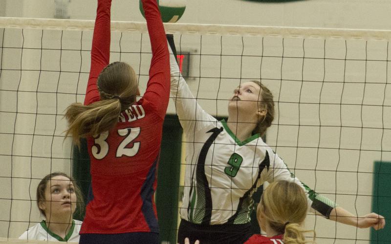Sophomore outside hitter Madison Stanley tips the ball past a Jim Ned defender. 