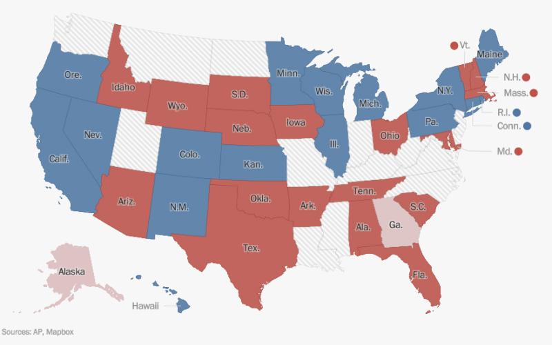 Breakdown of the state governor races. Courtesy of AP, Mapbox and Washington Post
