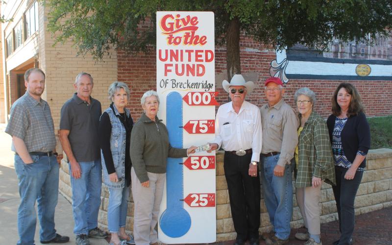 Members of the Board of Directors of the United Fund posed with their new thermometer to kick-off their new campaign, with Paul Prater (right side of thermometer) who presented his $100 dollar donation to Sandy Broyles (left side of thermometer) to get things started for 2018-2019. Other directors included (l to r) Bo Asher, Les Strickland, Sharon Wimberley, Broyles, Prater, Scott Harris, Jean Hayworth and Sherry Strickland, president. BA photo by James Norman