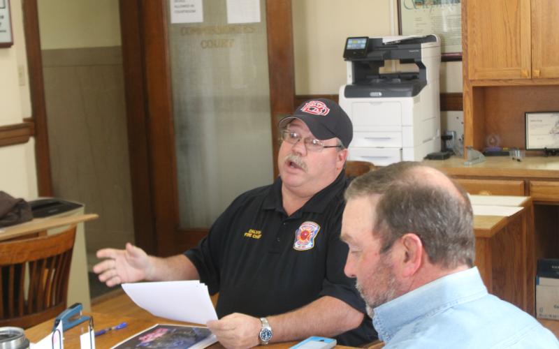 Fire Chief Calvin Chaney explains to the Stephens County Commissioners Court the risk for fires across the county, Friday morning, Jan. 18. BA photo by James Norman