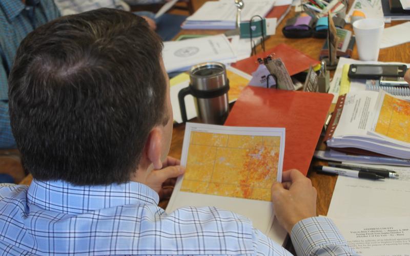 A map handed out by Fire Chief Calvin Chaney shows the risk for fire across Stephens County, with yellow being moderate and red being high. BA photo by James Norman