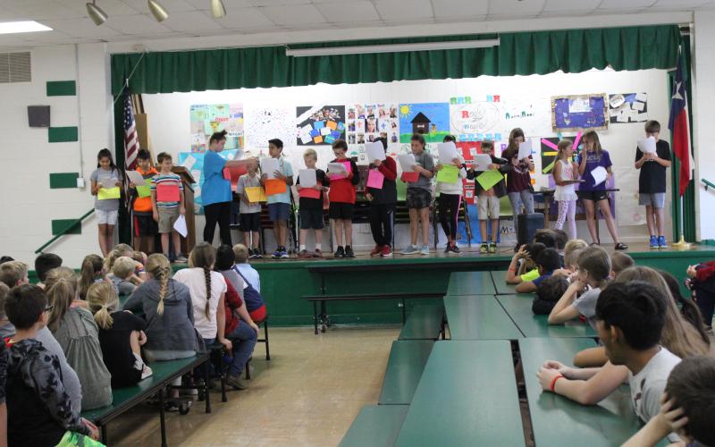 The fifth-graders at South Elementary participated in a Reader's Theatre performance to celebrate the Constitutional Convention back in 1787, under the direction of representatives from the Daughters of the American Revolution. This included Lisa Echols and Barbara Trammell, Wednesday, Sept. 19. BA photo by Jean Hayworth