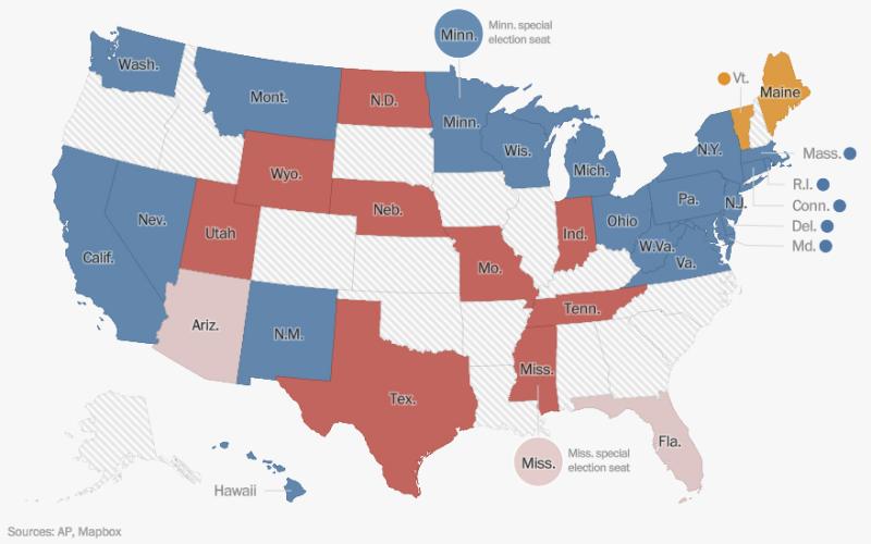 Breakdown of the U.S. Senate races. Courtesy of AP, Mapbox and Washington Post