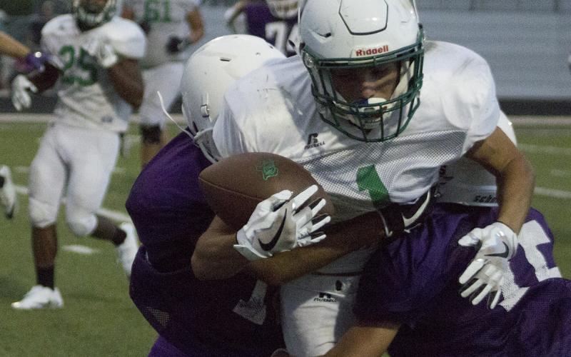 Senior receiver Lonnie Hinson holds onto the ball despite being sandwiched between two Early defenders while making a catch near the goal-line last Thursday.