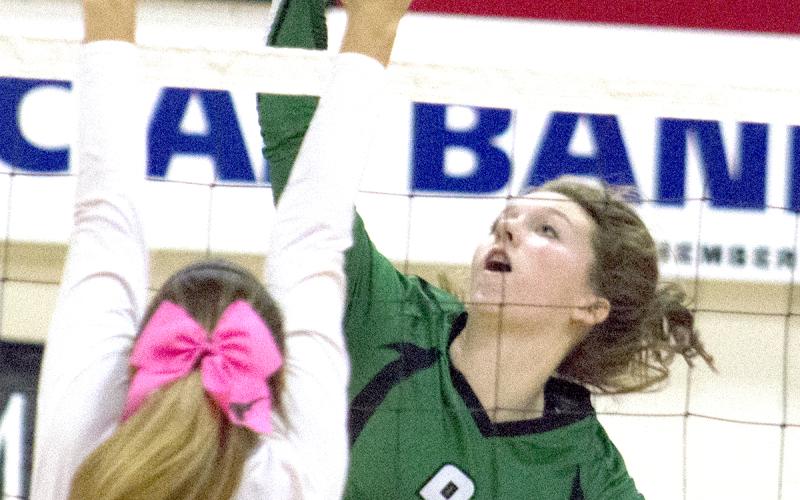 Breckenridge sophomore middle hitter Madison Stanley scores on a kill during a district game against Eastland last Saturday. The Lady Bucks wrap up the regular season Tuesday.