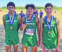 Chance Stewart, Carlos Alvarado and Adrian Saucedo took fourth place overall Saturday at the Brock 6-Mile Relay. The three runners finished with a combined time of 33:26. Each runner ran two legs of the relay that were one mile in distance. Contributed photos/Donny Funderburg