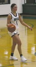 Karsyn Smalley dribbles up the court during the Lady Bucks season opening loss Tuesday, Nov. 5 to the Abilene Lady Eagles. Photo/Breckenridge American