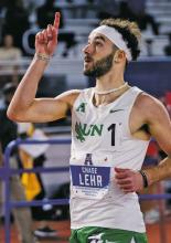 Chase Lehr points to the sky after finishing his run at the American Athletic Conference 2025 Indoor Track &amp; Field Championships in Birmingham, Alabama. Contributed photo