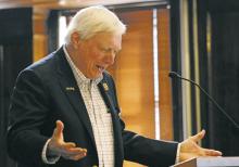 Kenneth Raney of the Alamo Letter Society described the desire to place a bronze copy of the historical William B. Travis letter at every courthouse in Texas and asked for permission to place one at the Stephens County Courthouse. Photo/Alex Kielar