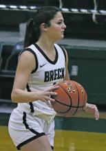 Lady Bucks’ Karsyn Smalley brings the ball down the court during the team’s 35-30 loss Tuesday, Nov. 19 to the Throckmorton Lady Hounds. Photo/Kylie Bailey