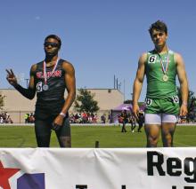 Sawyer Wimberley (right) on the stand at the regional meet Saturday, April 29 following his first place finish in the 200-meter dash. Wimberley finished with a time of 21.88 will represent Breckenridge in the state meet next Thursday, May 11. Photo/Stevie Watkins