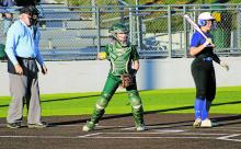 Breckenridge Lady Bucks catcher Carlee Stewart stares down a runner following a pitch early in the Lady Bucks’ loss Friday, March 3 to Graham at the Iowa Park tournament. Photo/Mike Williams