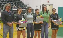 Lady Bucks seniors Karysn Smalley, Ruthie Valdez and Allie Valdez were recognized for their Senior Night before their game Friday, Jan. 31 against the Millsap Lady Bulldogs. Smalley, second from left, is pictured with her parents to her left and right and the Valdez sisters are pictured with their mother. Photo/Alex Kielar