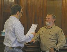 During a special called meeting of the Stephens County Commissioner’s Court held Monday, May 19, Sheriff ’s Deputy Brian McBride was appointed as county constable and sworn in by County Judge Michael Roach. McBride had been with the sheriff ’s office since January 2022. Photo/Alex Kielar