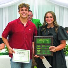 Presented with the All Around Senior Athlete Award from the Buckaroo Athletic Department were football and track athlete Sawyer Wimberley and cheer, volleyball, powerlifting, softball and track athlete Joni Jackson. Photo/Alex Kielar