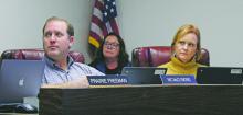 Breckenridge ISD board members Nic McClymond and Carrol Kanady look on during the regular board meeting Monday, Feb. 10 during which the 2023-24 TAPR report was presented. Photo/Alex Kielar