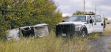 One man was transported to Abilene on Friday, Nov. 4 following a single vehicle rollover on Hwy. 183 North near Clear Fork. The white Ford Ranger was traveling southbound when the vehicle crossed the northbound lane and left the road. Firefighters from Breckenridge Fire Department used powered equipment to open the vehicle before EMS and law enforcement officers removed the man in order to provide aid. Photo/Stevie Watkins