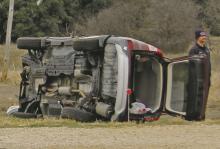 A single-vehicle rollover occurred at approximately 11:20 a.m. Monday, Jan. 20 on Hwy. 67 in Breckenridge. First responders on scene included the Stephens County Sheriff ’s Office, Breckenridge Fire Department and Sacred Cross EMS. Photo/Kaci Funderburg