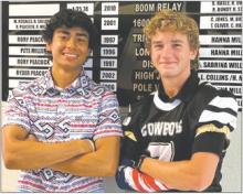 Woodson High School students, Nicolas Romo (left, Class of 2025) and Jack Sullivan (right, Class of 2026), broke some school track records last year in three events. The young men were honored Friday in a brief ceremony, in which their names were placed on the WHS Board of Records. Sullivan’s record was for his time of 12:25 in the 3200-meters. Romo broke records in the 1600-meters (4:53) and 800-meters (2:03). Contributed photo/Tacy Ellis