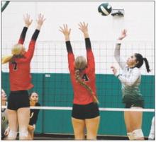 Violeta Gallegos pushes the ball across the net during the third set of the Lady Bucks loss Friday, Sept. 15 at home against Eastland. Photo/ Mike Williams