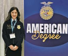 Kylie Deaton is the first Woodson High School recipient of the American FFA Degree. She received her award Thursday, Oct. 24 at the National FFA Convention. Deaton graduated from WHS in 2023 and is now a student at West Texas A&amp;M University. She set a goal as a freshman to earn the degree and through active participation in FFA, she earned her degree. Contributed photo