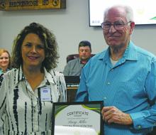 Breckenridge Junior High School Principal Laura Gibson presented Larry Miller with the 2024-25 Breckenridge ISD Bus Driver of the Year award at the BISD school board meeting Tuesday, April 15. Gibson said that she is grateful to have Mr. Miller being the first one the kids see in the morning. Photo/Alex Kielar