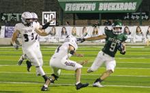 Breckenridge Buckaroos won their last regular season and Senior Night game Friday, Nov. 4, 5020, against the Clyde Bulldogs. Here, senior Anson Rodgers tries to avoid the Bulldogs defense. Photo/Stevie Watkins