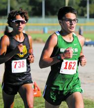 Breckenridge’s Chance Stewart, in front, during the Stephenville Thrill of the Hill Invitational earlier this season. Stewart will represent Breckenridge at the upcoming 2024 Cross Country State Championships in Round Rock. Photo/Kylie Bailey