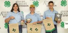The range and pasture identification team of Chloe Tait, left, Kason Burchett, middle and Josiah Moreno took home first place for the category at the 4-H State Roundup at Texas A&amp;M University. The team also placed first for range evaluation. Photo/Contributed