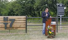 MT7 Ranch Manager Ty Bartoskewitz spoke during a historical marker unveiling ceremony Tuesday, April 25 which was placed to commemorate the time train robber Sam Bass spent in the hills of Stephens County while hiding from the Texas Rangers in the late 1870s. Photo/Stevie Watkins