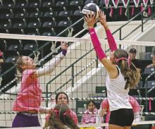 Lady Bucks Kamden Tidwell jumps to block Saturday, Oct. 19 during the team’s loss to Early. The Lady Bucks fell 1-3 to the Lady Horns. Photo/Thomas Wallner