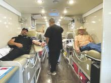 Breckenridge Police Department Chief Bacel Cantrell, at left, shown during the 2023 Battle of the Badges Blood Drive, announced earlier this month his intention to resign effective Feb. 1, 2024. Cantrell’s resignation was approved by split vote Tuesday, Dec. 5. Contributed photo