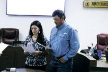 Ky Kennedy and Cheyanna Gill give their oaths of office to serve on the Breckenridge ISD Board of Trustees during the board’s meeting Monday, May 13. Photo/Mike Williams