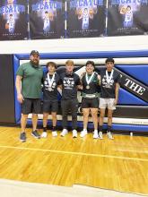 Left to right: Coach Jarrod Shepperd, Erik Saucedo, Nathan Roberts, Ashton Reyes and Carlos Alvarado at the Texas High School Powerlifting Association Region 6 Division 3 meet in Decatur. Saucedo, Roberts and Reyes will compete in the state meet Friday in Abilene. Contributed photo/Jarrod Shepperd